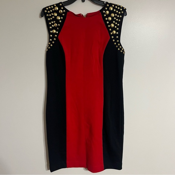 NWT Michael Kors Red/Black Colorblock Gold Studded Lined Sheath Dress Size 8 - Picture 1 of 12